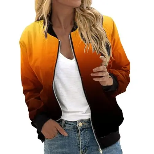 Produktbild: Damen Bomberjacke Kurze Blumenmuster Blouson mit Reißverschluss Herbst Frühling Jacket Damen Mädchen Sommerjacke Leichte Sommerjacke Damen Casual Pilotenjacke Langarm Outwear Blouson Pilotenjacke