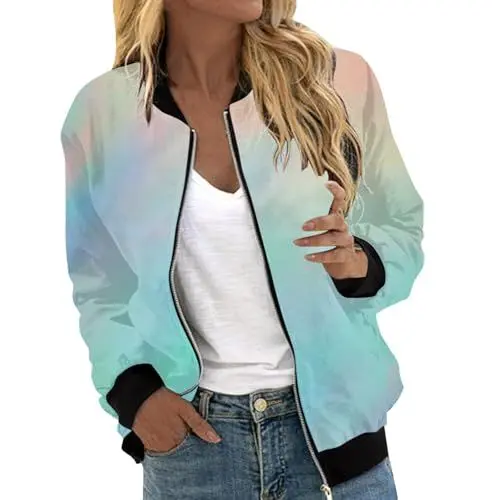 Produktbild: Damen Bomberjacke Kurze Blumenmuster Bluson-Damen Jacke mit Reißverschluss Herbst Frühling Jacket Damen Leichte Sommerjacke Damen Casual Jacke Dünne Fliegerjacke Fliegerjacke Bomberjacke