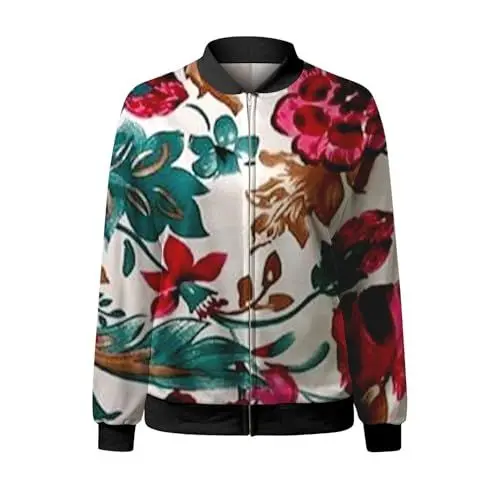 Produktbild: Damen Bomberjacke Kurze Blumenmuster Bluson-Damen Jacke mit Reißverschluss Herbst Frühling Jacket Damen Übergangsjacke Damen Sommer Casual Pilotenjacke Langarm Outwear Blouson Pilotenjacke