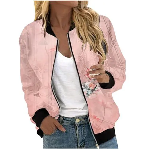 Produktbild: Damen Bomberjacke Kurze Blumenmuster Bluson-Damen Jacke mit Reißverschluss Herbst Frühling Jacket Damen Übergangsjacke Damen Sommer Casual Pilotenjacke Langarm Outwear Pilotenjacke Fliegerjacke