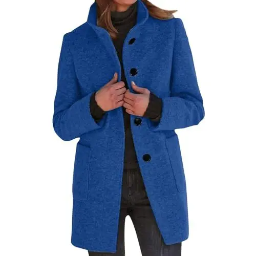 Produktbild: Damen Trenchcoat Wintermantel Warm Elegant Reitmantel Winter Parka Übergang Herbst Cabanjacke Wolle Blau L