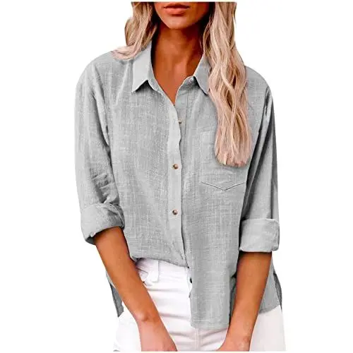 Produktbild: Damen Businesshemd mit Knopleiste Musselin Hemd Damen Musselin Bluse Damen Oversized Sommer Blusen Damen Shirts & Blusen Sommer Bekleidung Damen Dünne Sitzender Lässiger Grau S
