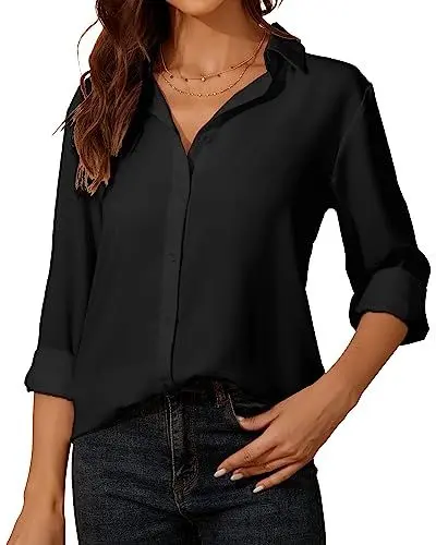 Produktbild: Damen Button-Down Shirts Langarm Kragen Tops Lady Work Office Chiffon Bluse