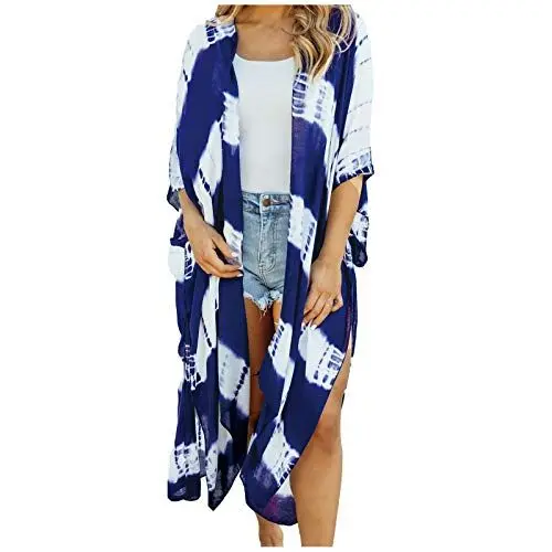 Produktbild: Damen Cardigan Coat Casual Shirt Printing Kurzarm Tops Mittellange Bluse,Frauen Strand Sonnencreme Kleidung,Damen Spitzenhemd Bestickte Strickjacke,Strandbekleidung Sun Wear