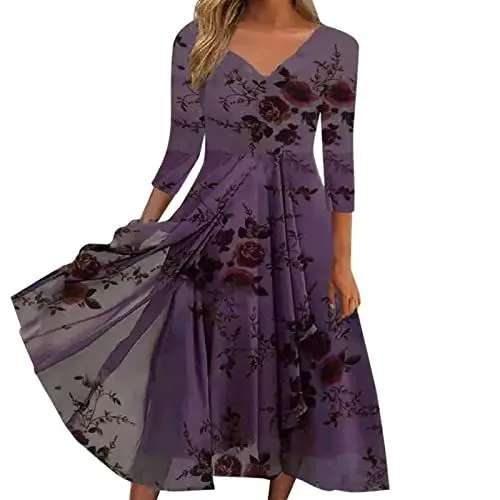 Produktbild: Damen Casual Fashion Chiffon V-Ausschnitt langärmliges Kleid mitem Saum Hochzeit Kleider (4XL,G-f)