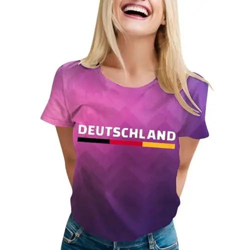 Produktbild: Damen Casual Oversized T-Shirts Kurzarm Sommer Damen Rundhalsausschnitt Deutschlandflagge Bedruckt Lockeres Freizeitoberteil Damen Kurzarm Tunika (Schwarz L)
