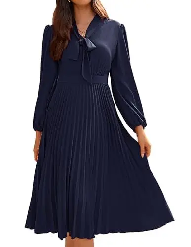 Produktbild: GRACE KARIN Damen Herbst Winter Plissee Fliege V-Ausschnitt Elegantes Abendkleid mit Hoher Taille Marineblau 44