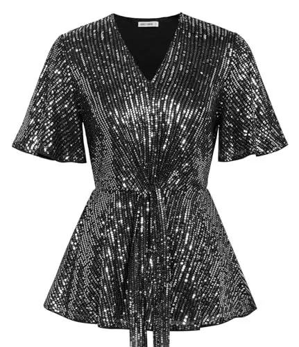 Produktbild: Damen Leicht Bluse Funkelnde Pailletten Shirt Casual Tops Elegant Bluse Kurzarm T-Shirt Tanzenparty Disco Outfit Silber auf Schwarz XL