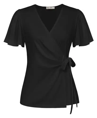 Produktbild: Damen Casual Shirt Federmaus Kurzarm Bluse V-Ausschnitt Elegant Tunika Sommer Dating Party Bluse Oberteile Schwarz M