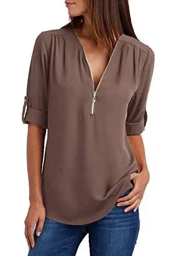 Produktbild: Damen Chiffon Blusen Elegante Reißverschluss Langarmshirts Bluse Tunika Oberteile T-Shirt V-Ausschnitt Tops A Kaffee S