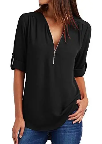 Produktbild: Damen Chiffon Blusen Elegante Reißverschluss Langarmshirts Bluse Tunika Oberteile T-Shirt V-Ausschnitt Tops A Schwarz 2XL