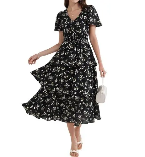 Produktbild: GRACE KARIN Frauen Hohe Elastizität Blumenkleid Elegant Casual V Ausschnitt Freizeitkleider Rüschen Cami-Kleid mit Blumen S Weiße Blumen-Schwarz