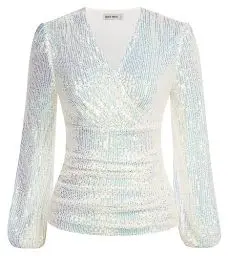 Produktbild: Damen Cocktailbluse Elegant Funkelnde Pailletten Tunika Slim Fit Lange Ärmel Latern Shirt für Kleid Tops XL Weiß