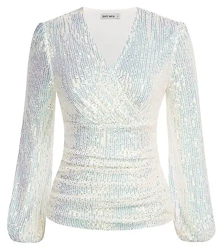 Produktbild: Damen Cocktailbluse Elegant Funkelnde Pailletten Tunika Slim Fit Lange Ärmel Latern Shirt für Kleid Tops XL Weiß
