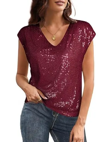 Produktbild: Damen Cocktailbluse Elegant Funkelnde Pailletten Tunika V-Auschnitt Kuzre Ärmel Shirt Glitzer Oberteile für Kleid Tops Weinrot XXL