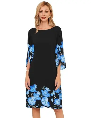 Produktbild: Damen Cocktailkleid 3/4 Ärmel Sommer Kleid Casual Chiffon Kleid Loose Fit Elegant Midi Kleid XL Schwarz-Blaue Blume CLK041A23-19