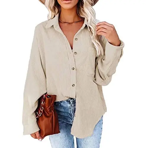Produktbild: Damen Cordhemd Cordjacke Frauen Langarm Revers Bluse Hemd Einfarbig Tops Casual Oberteil Loost Fit Tuniken Freizeitbluse Streetwear mit Taschen und Knopfverschluss(XXL-Aprikose)