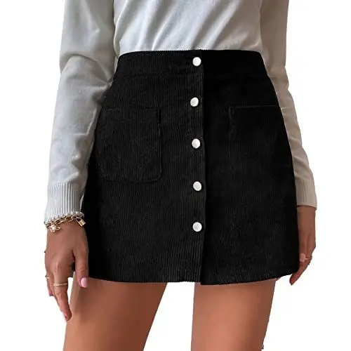 Produktbild: Damen Kordsamt Minirock mit Hoher Taille A-Linie Slim Fit Wickelrock mit Taschen für Winter(XL-Schwarz)