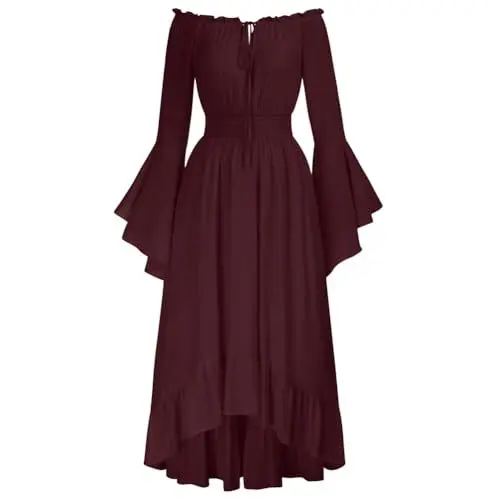 Produktbild: SCARLET DARKNESS Damen Viktorianisches Rockabilly Kleid Off Shoulder Lace-Up Rokoko Fairy Dress Rotwein XXL