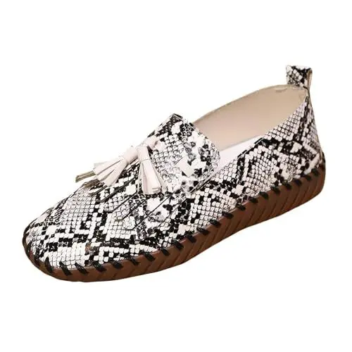 Produktbild: Damen Cowboy Quasten Loafer Runde Zehe Bequeme Weiche Sohle -On Casual Wanderschuhe (Beige, 37)