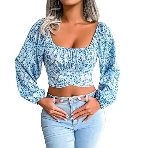 Produktbild: Damen Crop Shirt Casual Tops Bauchfrei Oberteile Tiefe T-Shirt Langarmshirt Casual Bluse Lose Top Pullover Cropped Tops Langarm Shirt(M-Blau)