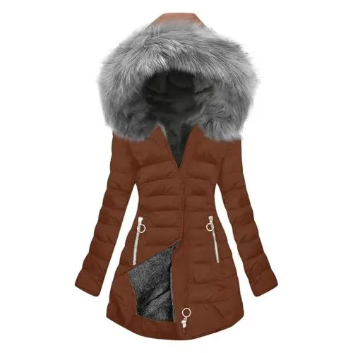 Produktbild: Damen Daunenmantel Blazer Beige Winterjacke Lang Warm Gefüttert Jacke mit Schal Winterparka Softshellmantel Wintermäntel Anorak Winter Braun 3Xl