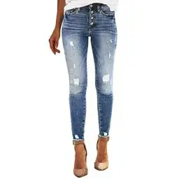 Produktbild: Damen Dehnbare hoch taillierte -Jeans mit geradem Bein und ausgefransten -Denim-Hosen Damen Hosen Stretch Stoff (B, XXL)