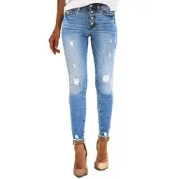 Produktbild: Damen Dehnbare hoch taillierte -Jeans mit geradem Bein und ausgefransten -Denim-Hosen Damen Hosen Stretch Stoff (A, S)