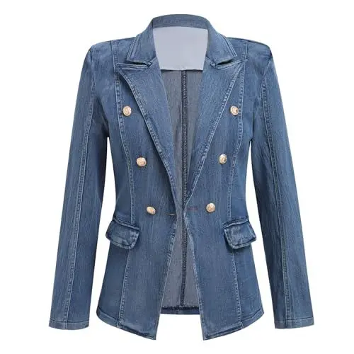 Produktbild: Damen Denim Blazer Jeansjacke Lange Ärmel Jacken Reverskragen Knopfleiste Kurz Mantel mit Tasche Herbst Frühling Oberteile Business Anzugjacke Arbeitsblazer Herbstjacke Sakko Kurzblazer Dunkelblau XXL