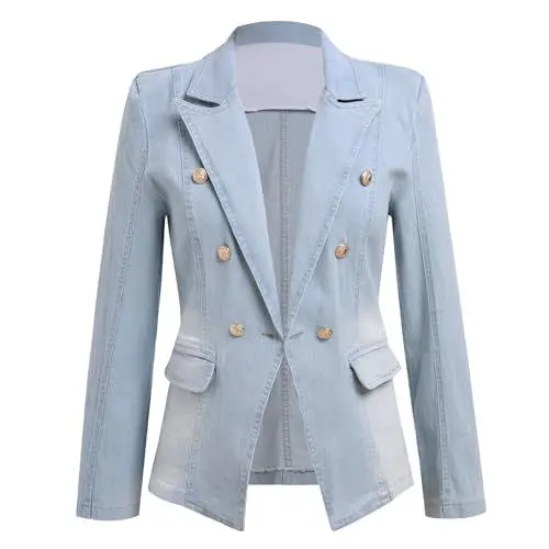 Produktbild: Damen Denim Blazer Jeansjacke Lange Ärmel Jacken Reverskragen Knopfleiste Kurz Mantel mit Taschen Herbst Frühling Oberteile Business Anzugjacke Arbeitsblazer Herbstjacke Sakko Kurzblazer Hellblau L