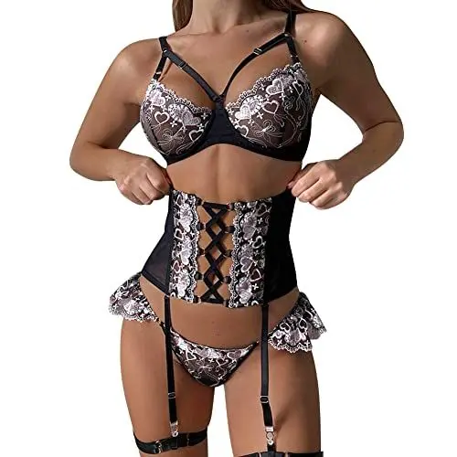 Produktbild: Damen Dessous Set Sexy Babydoll Reizwäsche Halfter Unterwäsche Weich Strapse Push Up Spitze BH Slip G String Corsage mit Strumpfhalter Frauen Erotische Lingerie Nachtwäsche Negligee Schwarz + Rosa L