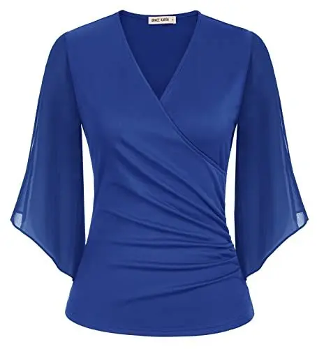 Produktbild: Damen Elegant Bluse Langarm Loose Fit V-Ausschnitt Freizeit Tops Oberteile Blumendruck Retro Batwing Tops