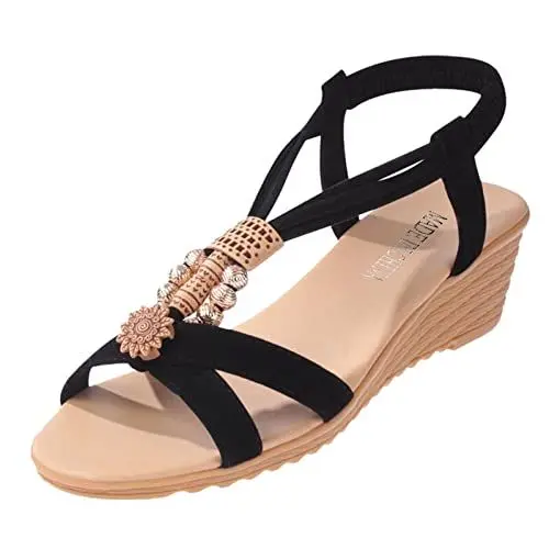 Produktbild: Damen Elegant Flip Flops Weiß Glitzer Pantoletten Mode Frühjahr Damen Sandalen böhmischen Keil Fischmaul Sandalen Perlen Pantoletten Damen Elegant Badelatschen Kinder (Black, 40)