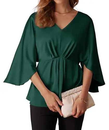 Produktbild: GRACE KARIN Damen Kurzarm Grün Satin Bluse Rüschen Taillierte Elegante Oversized Oberteile Festliches Outfit für Damen XXL