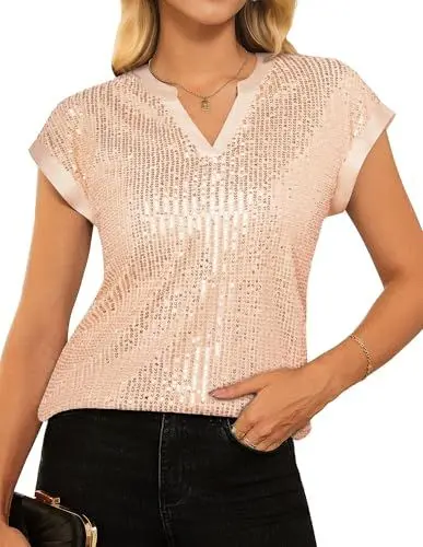 Produktbild: Damen Elegant Pailletten Tops Kurz Cap Ärmel Schimmerndes Cocktail T Shirt XL Aprikose