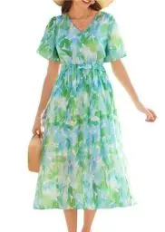 Produktbild: Damen Elegant A-Linie Blumenkleid Floral Vintage Sommerkleid V-Ausschnitt Boho Freizeitkleid Urlaub Strandkleid mit Elastischer Taille Grün L