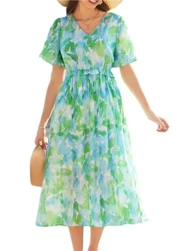 Produktbild: Damen Elegant Swing Midikleid in A-Linie Freizeitkleid Retro Blumenmuster Sommerkleid V-Ausschnitt Leicht Abendkleid Hochzeit Grün XL