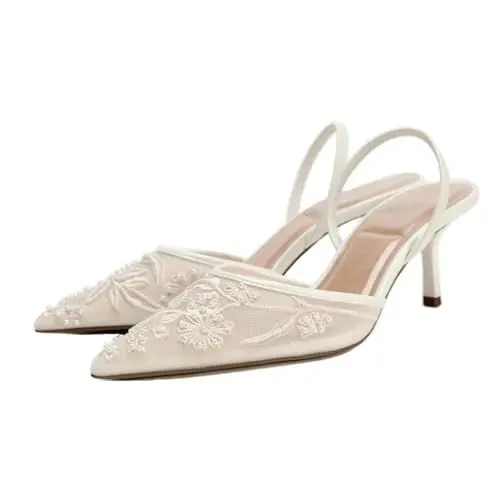 Produktbild: Damen Embroidered Mesh Slingback Heels - Thin Heels Pointed Toe Elastisch Strap Elegant Party & Dress Schuhe für Frauen Damen Mädchen Weiß Große 40