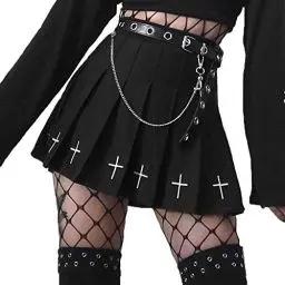 Produktbild: XKBHYD Damen Faltenrock mit Kreuzdruck, Gothic, Punk, Röcke mit Gürtel und Kette, A-Linie, Minirock, 1 Schwarz, X-Groß