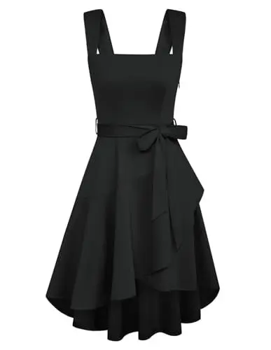 Produktbild: Kleider Swing Cocktail Abendkleid Slim Fit Freizeit Faltenkleid mit Belt Schwarz XXL