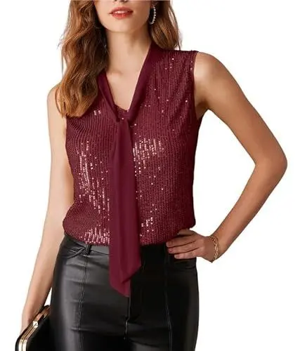 Produktbild: GRACE KARIN Damen 70er Retro Bluse Glizer Festliche Oberteile Chiffon Elegante V-Ausschnitt Wickelbluse Holiday Tank Top Rotwein XXL
