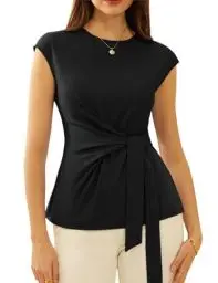 Produktbild: GRACE KARIN Damen Retro Krawatten Bluse Sommer Rundhals Top Slim Fit Tunika Elegant Casual Oberteile für Kleid Hochzeit Schwarz S