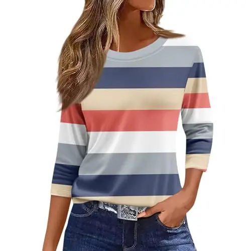 Produktbild: Damen Frühling Mode Damen Casual 3/4 Ärmel Oberteile T-Shirts Loose Rundhalsausschnitt Sommer Tunika Tops Dreiviertel Länge Ärmel Blusen 11-Mehrfarbig XXL