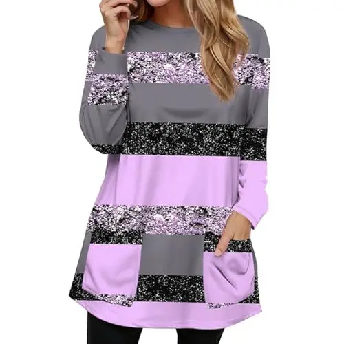 Produktbild: Damen Frühlings-Rundhalsausschnitt mit Langen Ärmeln, gestreift, mit Pailletten Bedruckt, lockeres Freizeit-T-Shirt mit Taschen Trägerloses Top Damen (Purple, S)