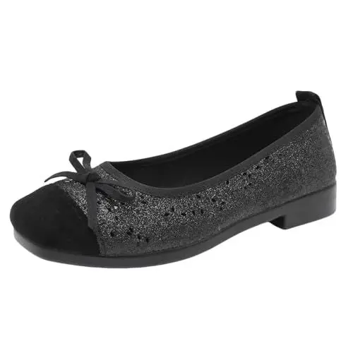 Produktbild: Damen Funkelnde Flache einzelne Schuhe glänzende Bogenknoten Flache Loafer weiche Gedächtnisschaum Quadrat Zehe breite Breite Boot Mokasin Schuhe für den 𝐒ommer täglich (Black, 35)