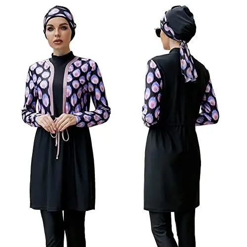 Produktbild: Damen Ganzkörper Badeanzüge Muslimische Bademode Badeanzug Full Cover Bescheidene Badebekleidung Modest Muslim Swimwear Beachwear Burkini Langarm Tops Hose Hijab Kopftuch 3er Set Schwarz + Lila XL