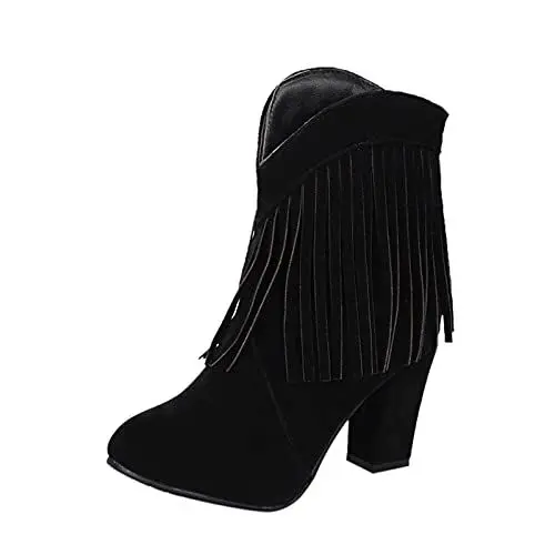 Produktbild: Damen Geschlossene Schuhe Ankle Damen High Heel Fransen Frosted Fashion Boots Damenstiefel Mädchen 27 Gefüttert (Black, 37)
