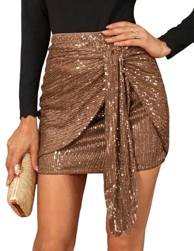 Produktbild: Damen Glänzend Minirock Pailletten Rock Kurz Glitzer Sexy Mini Skirt Party Bodycon Rock Performance Kostüm Karneval Rock M Kaffee