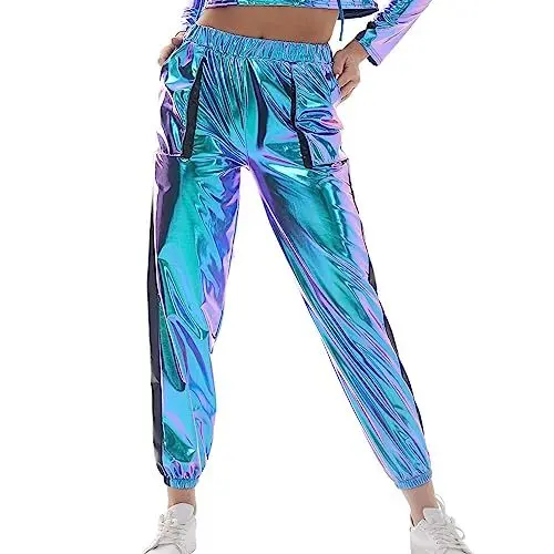 Produktbild: Damen Gl?nzend Wetlook Hose Metallic Hohe Taille Cargohose Holographisch Hip Hop Tanzhose Lackleder Jogger Hose Streethose Nachtclub Disco Clubwear mit Taschen Holographisch Blau L