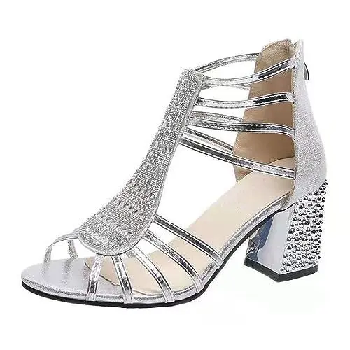 Produktbild: Damen Gold Silber Strass High Heels Sandalen Schuhe offene Zehe 0.23 Zoll Absatz Plattform Pump Hochzeit Party Abendkleid Schuhe für Frauen